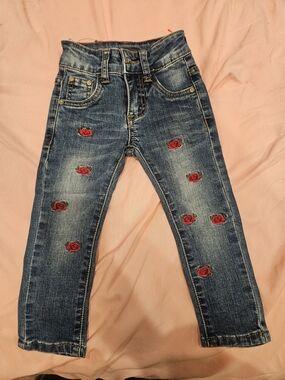 Girls Denim Jeans with Red Rose Embroidery